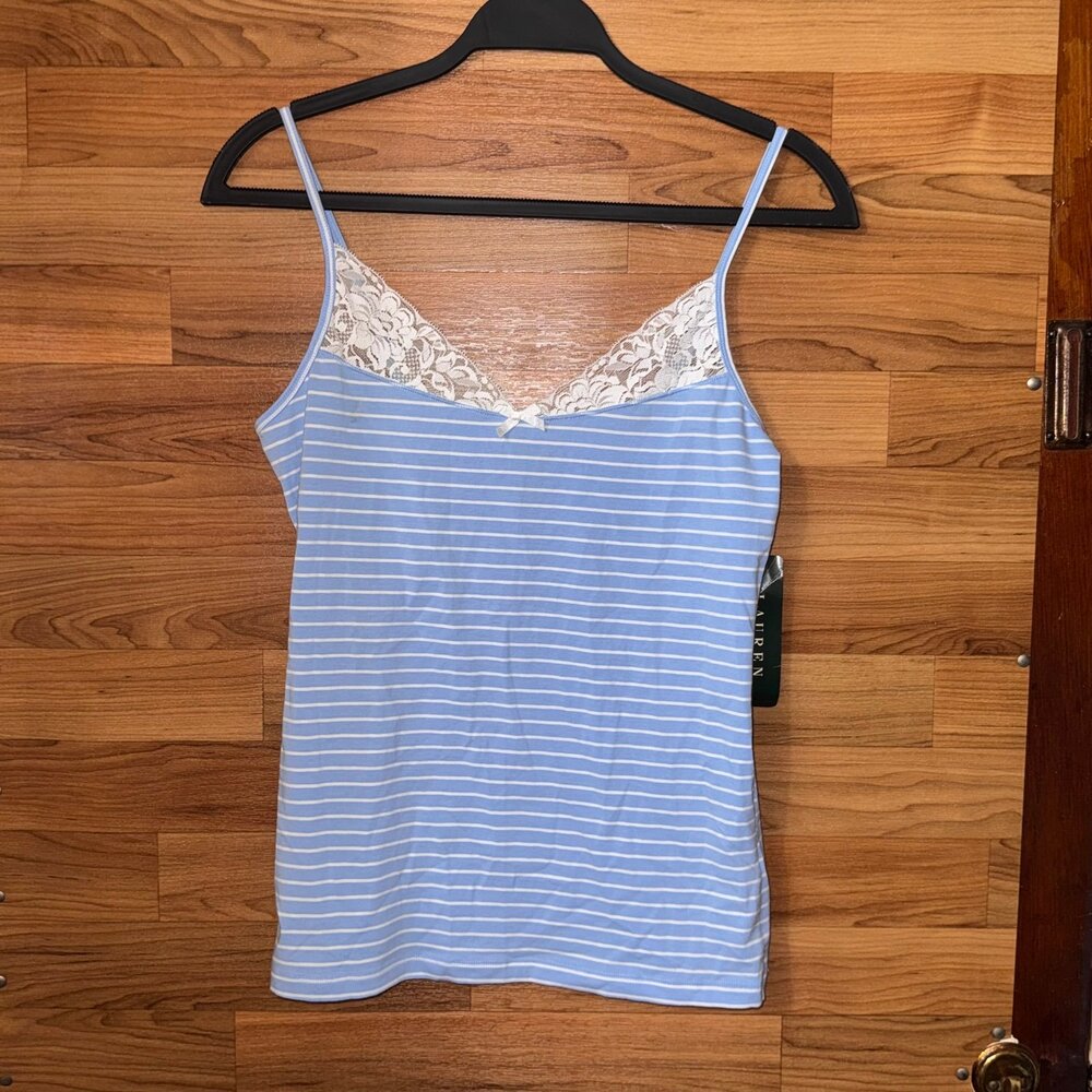 Lauren Ralph Lauren Blue White Striped Cami with Lace Trim Size Large